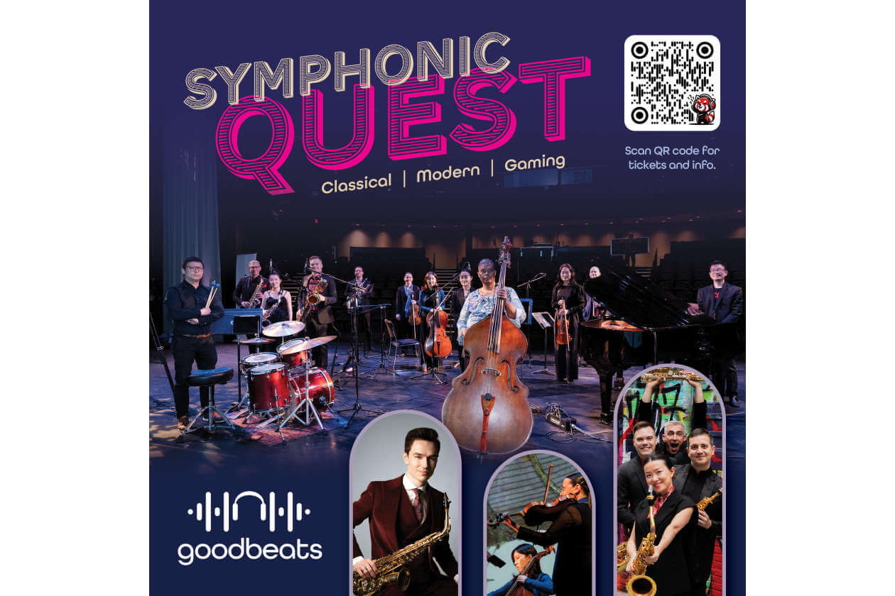 Poster for 'Symphonic Quest' orchestra concert with classical, modern, and gaming themes; full band on stage, large neon text, and a QR code for tickets on the right.