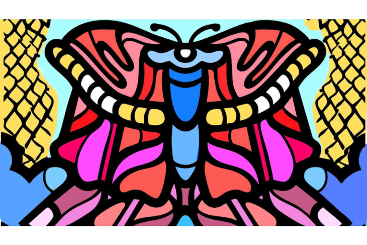 Symmetrical abstract butterfly motif with bold black outlines and bright pink, red, blue, and yellow panels on a light blue background