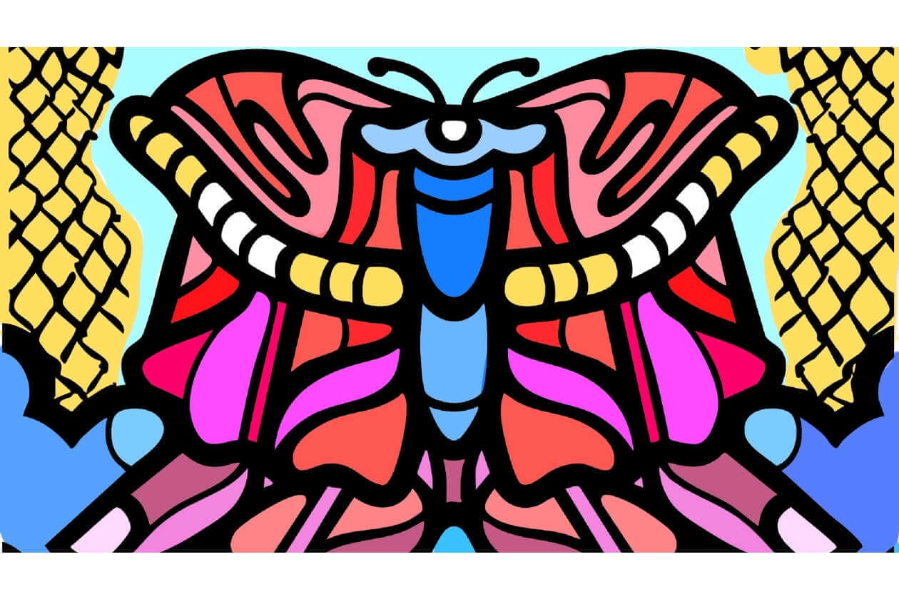 Symmetrical abstract butterfly motif with bold black outlines and bright pink, red, blue, and yellow panels on a light blue background