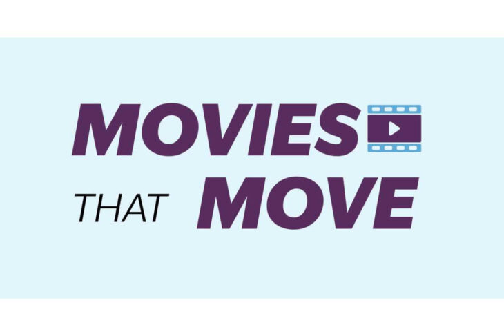 Logo reading 'MOVIES THAT MOVE' in bold purple letters on a light blue background, with a filmstrip icon containing a play button.