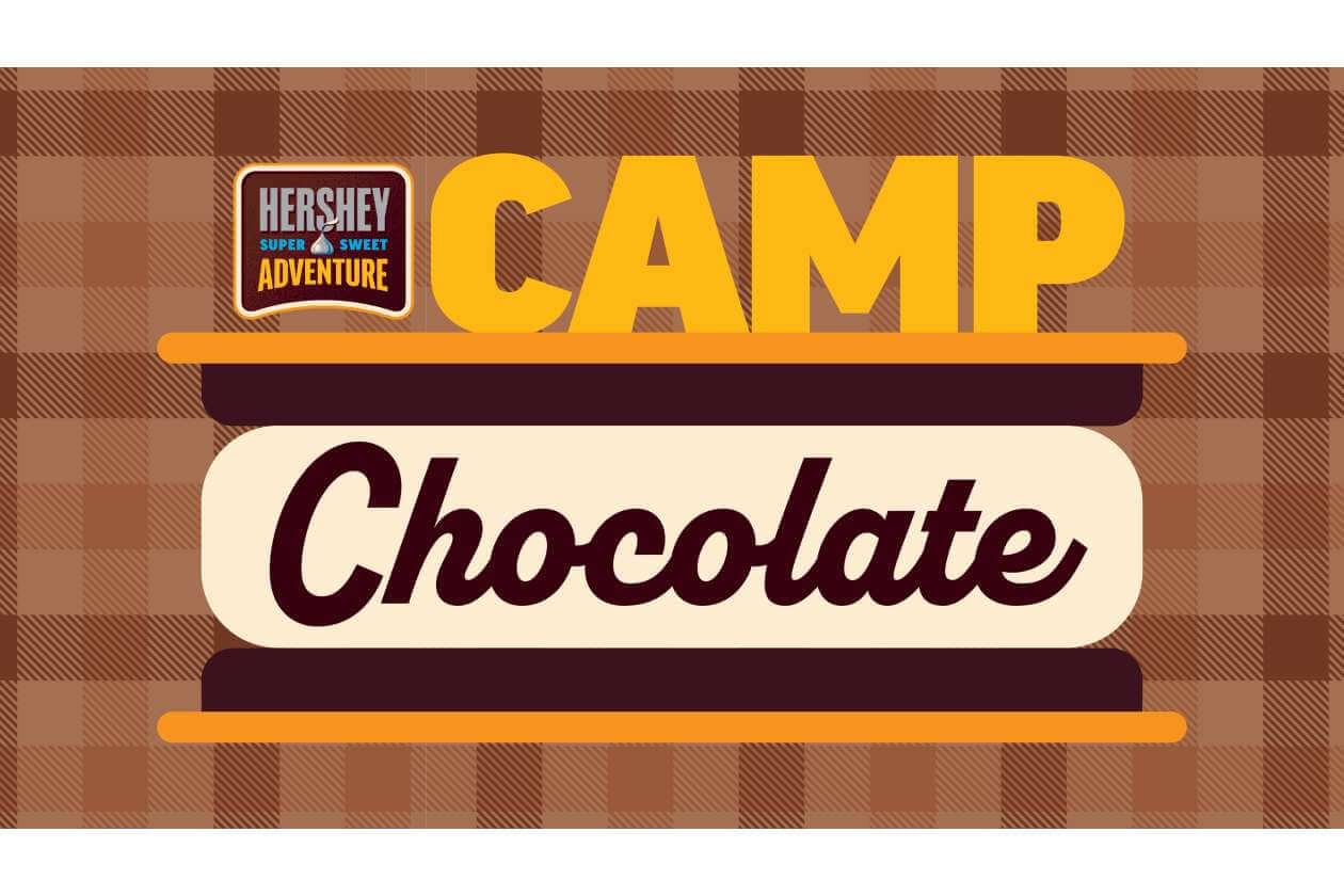 Retro-style ad reading CAMP Chocolate with Hershey Adventure logo on a brown plaid background.