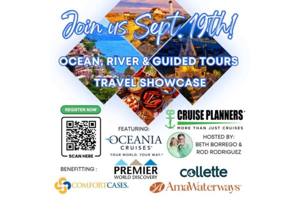 Event poster for Ocean, River & Guided Tours Travel Showcase announcing 'Join us Sept. 19th' with a diamond-collage of destination photos and logos in the background.