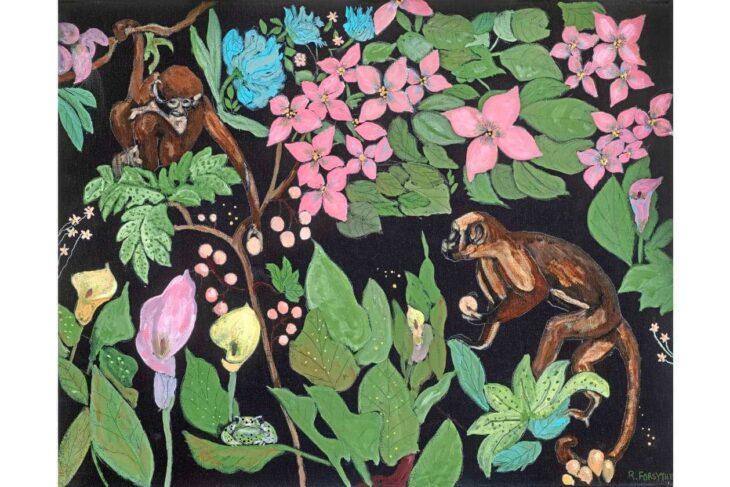 Two brown monkeys crawl among lush green leaves and pink flowers in a dark, tropical garden painting. Signed by R. Forsyth.