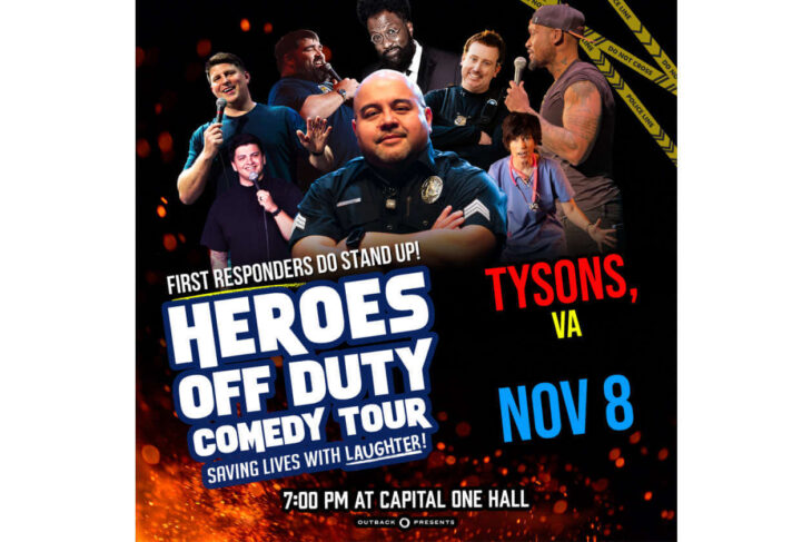 Poster for Heroes Off Duty Comedy Tour featuring first responders; Tysons, VA, Nov 8, 7 PM at Capital One Hall.
