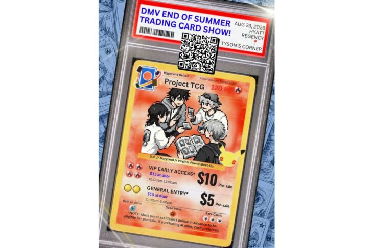 Tilted display case with a bright 'DMV End of Summer Trading Card Show' poster and a Pokémon-style card image featuring people around a table and a Pikachu illustration.