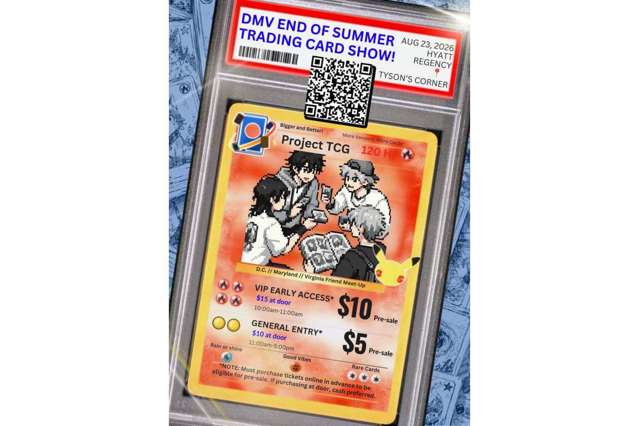 Tilted display case with a bright 'DMV End of Summer Trading Card Show' poster and a Pokémon-style card image featuring people around a table and a Pikachu illustration.
