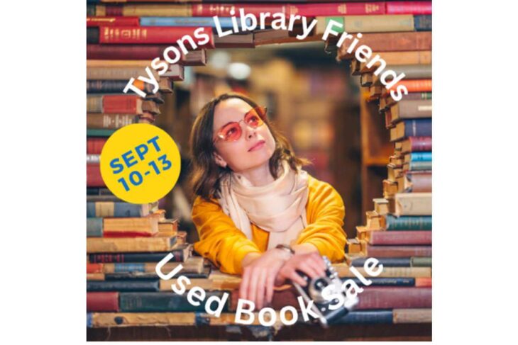 Poster for Tysons Library Friends Used Book Sale, Sept 10–13, featuring a woman in a bookstore archway.