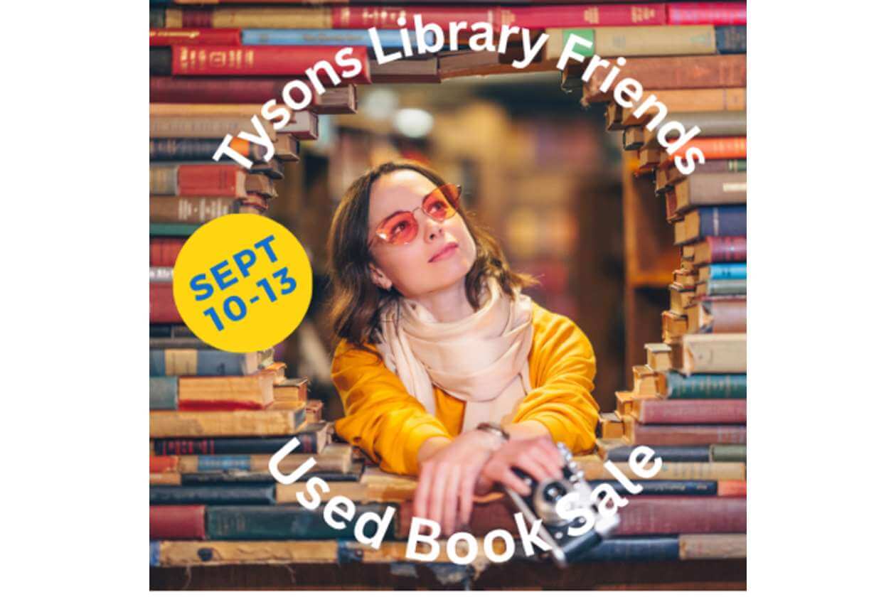 Poster for Tysons Library Friends Used Book Sale, Sept 10–13, featuring a woman in a bookstore archway.