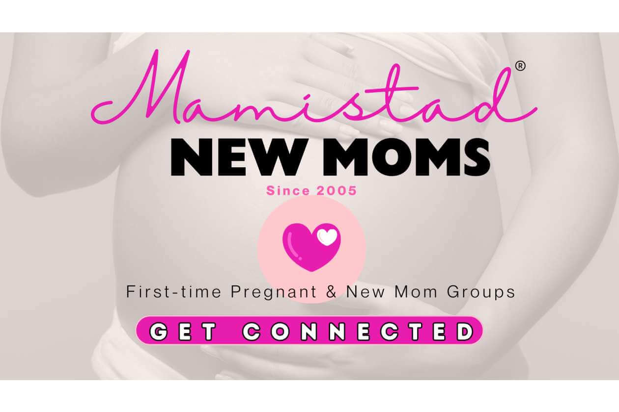 Banner for Mamistad New Moms groups—support for first-time pregnant and new moms, with a pink heart icon and a 'Get Connected' call to action.