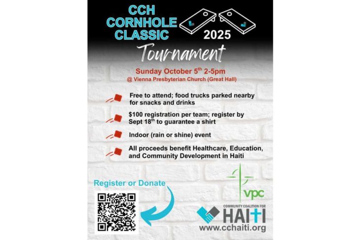Poster for CCH Cornhole Classic 2025 tournament with date, time, location, and QR code for registration. Proceeds benefit Haiti-related causes; includes logos.