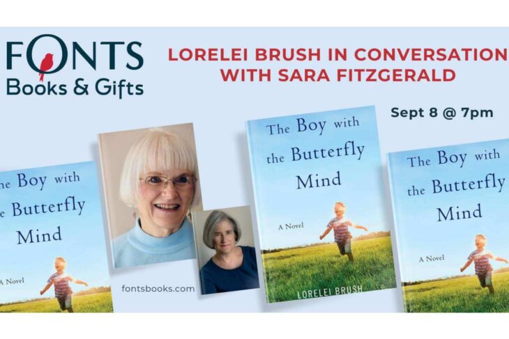 Banner advertising a book event: 'Lorelei Brush in Conversation with Sara Fitzgerald' at Fonts Books & Gifts, Sept 8 @ 7pm, featuring 'The Boy with the Butterfly Mind' cover art