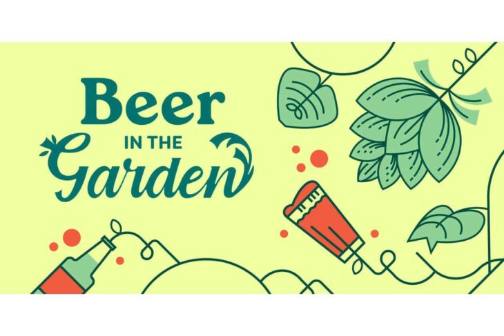 Promotional banner for a 'Beer in the Garden' event with leafy illustrations and a beer bottle on a lime background.