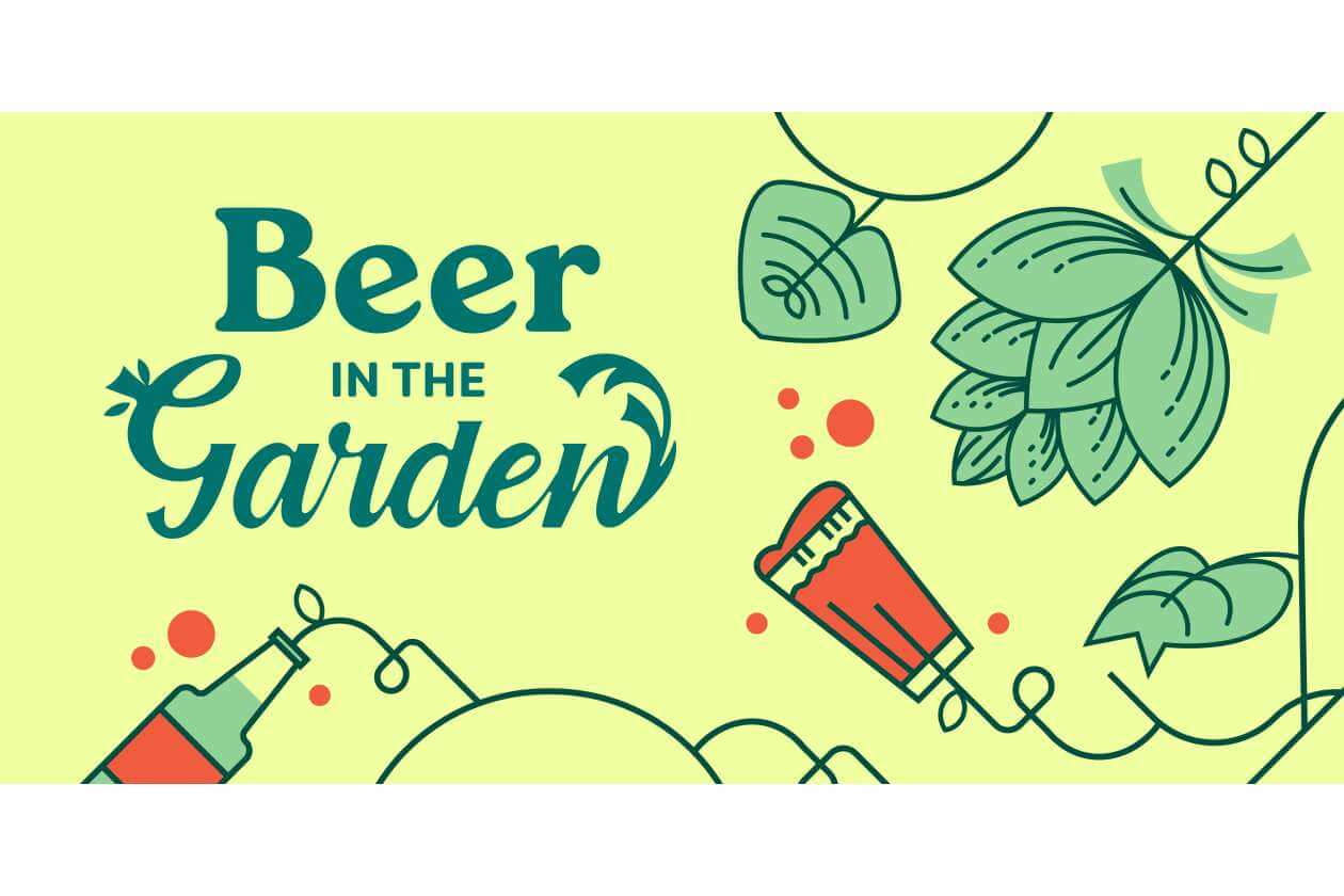 Promotional banner for a 'Beer in the Garden' event with leafy illustrations and a beer bottle on a lime background.