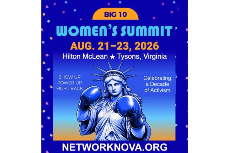 Poster advertising the Big 10 Women’s Summit (Aug 21–23, 2026) at Hilton McLean–Tysons, Virginia, featuring a boxing-gloved Statue of Liberty on a blue gradient background and the site NETWORKNOVA.ORG.