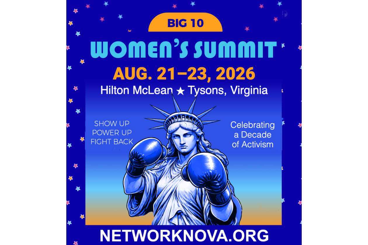 Poster advertising the Big 10 Women’s Summit (Aug 21–23, 2026) at Hilton McLean–Tysons, Virginia, featuring a boxing-gloved Statue of Liberty on a blue gradient background and the site NETWORKNOVA.ORG.