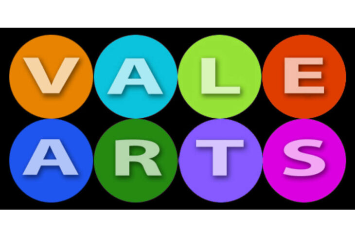 Eight colorful circular icons on a black background spelling 'VALE ARTS' with letters V A L E A R T S arranged in two rows.