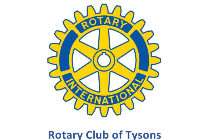 Rotary International gear logo in yellow and blue with 'Rotary' and 'INTERNATIONAL' around the wheel, and 'Rotary Club of Tysons' beneath.