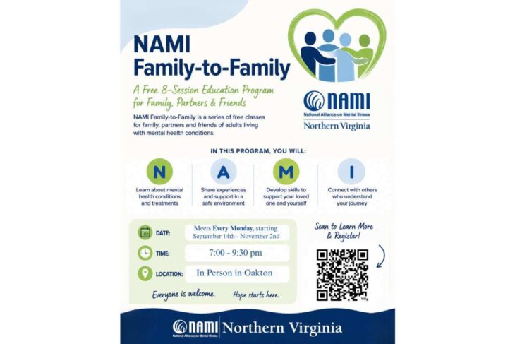 NAMI Family-to-Family infographic about a free 8-session program for families and friends, Northern Virginia logo on the right side.