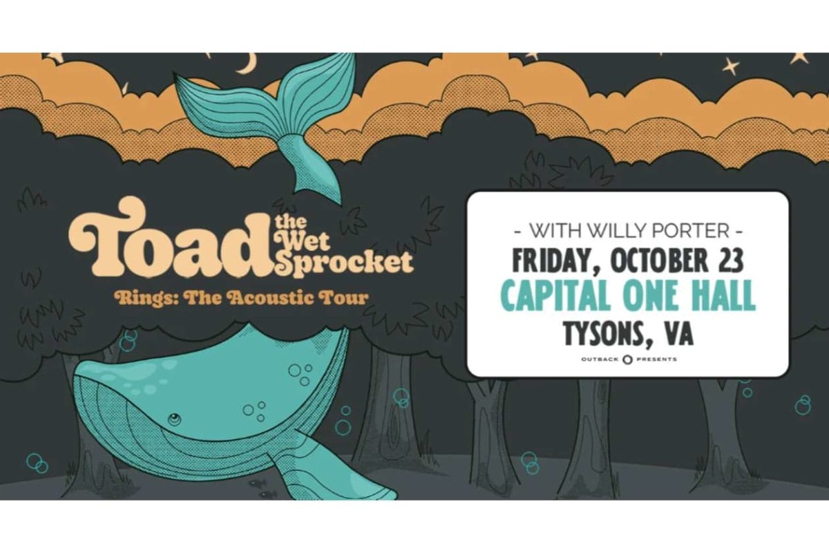 Poster for Toad the Wet Sprocket? acoustic tour with teal whale illustration and venue details for Capital One Hall, Tysons, VA.