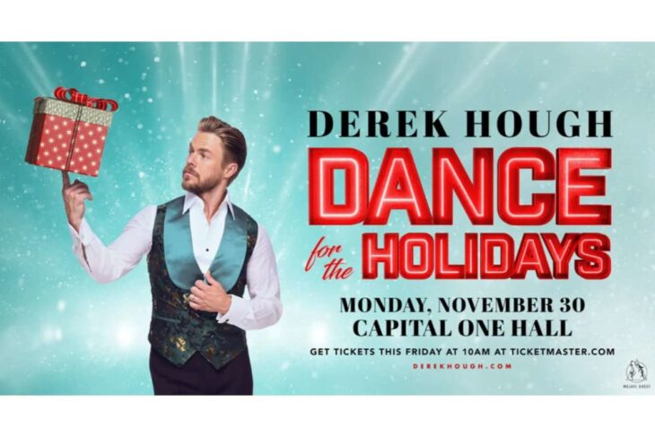 Promotional poster for Derek Hough's Dance for the Holidays: a man in a teal vest holding a wrapped gift against a snowy turquoise background with bold red 'DANCE' text.