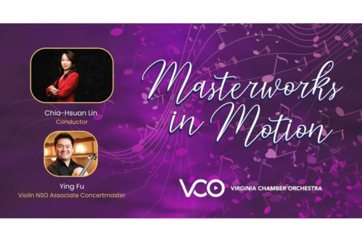Banner for 'Masterworks in Motion' with two profile photos: Conductor Chia-Hsuan Lin and violinist Ying Fu, VCO and Virginia Chamber Orchestra logo in purple background with musical notes.