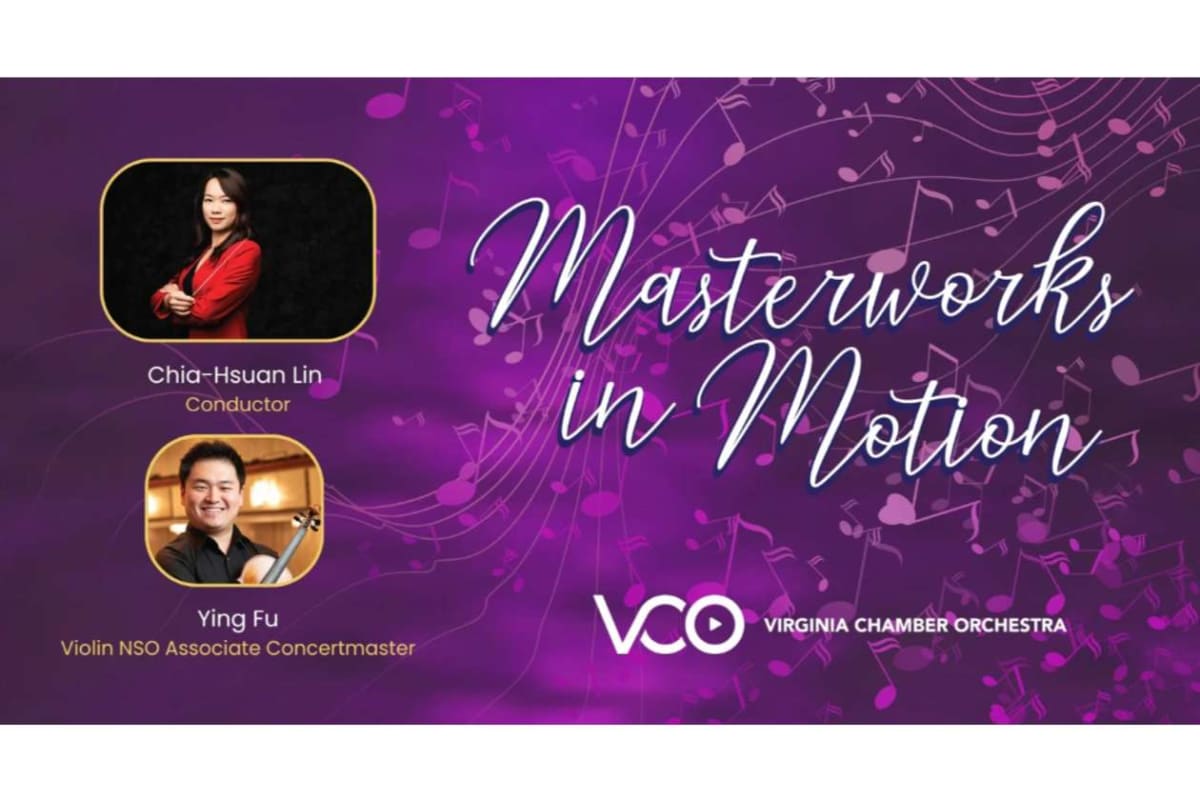 Banner for 'Masterworks in Motion' with two profile photos: Conductor Chia-Hsuan Lin and violinist Ying Fu, VCO and Virginia Chamber Orchestra logo in purple background with musical notes.