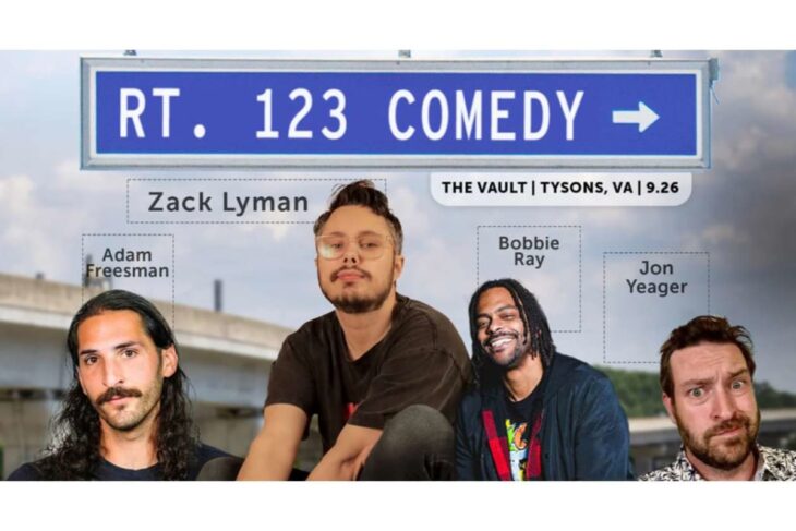 Poster for RT.123 Comedy featuring Zack Lyman with Adam Freesman, Bobbie Ray, and Jon Yeager; at The Vault, Tysons, VA on 9/26.