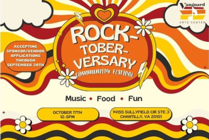 Colorful retro poster advertising the Rock-Tober-Versary Community Festival with music, food, and fun.