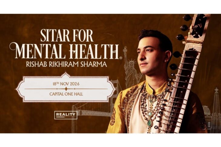 Poster for 'Sitar for Mental Health' featuring musician Rishab Rikhiram Sharma with a sitar, event details: 18th Nov 2026 at Capital One Hall, Reality Entertainment logo in the bottom left.