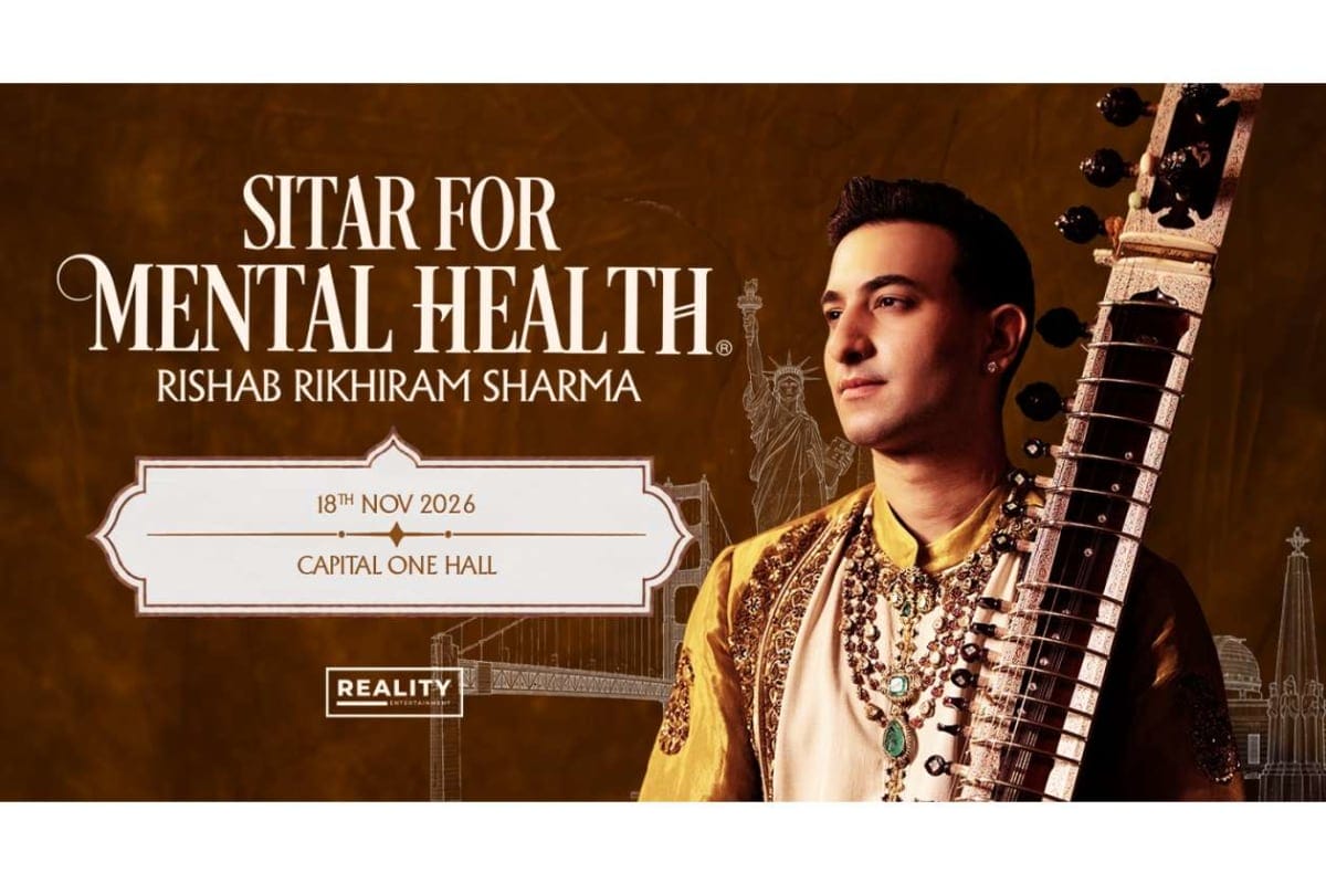 Poster for 'Sitar for Mental Health' featuring musician Rishab Rikhiram Sharma with a sitar, event details: 18th Nov 2026 at Capital One Hall, Reality Entertainment logo in the bottom left.