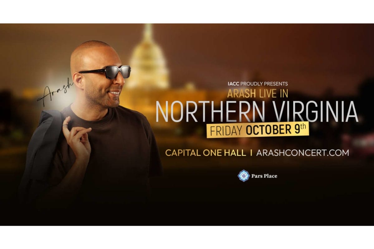Promotional poster for Arash live in Northern Virginia, Oct 9 at Capital One Hall; man in sunglasses on the left.
