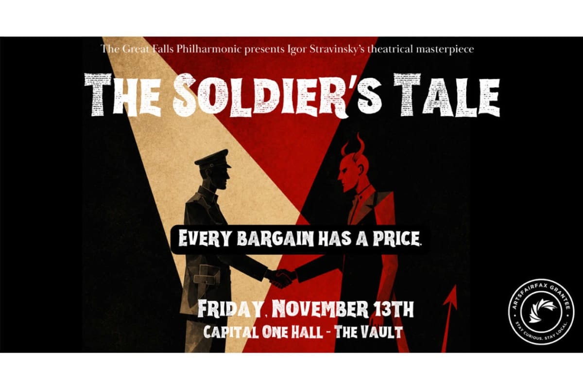 Poster for The Soldier's Tale showing a soldier and a devilish figure shaking hands, with the slogan 'Every Bargain Has a Price' and event details.