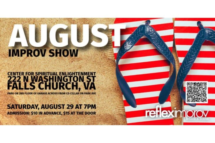 Promotional poster for an August improv show with venue and date details (Falls Church, VA).