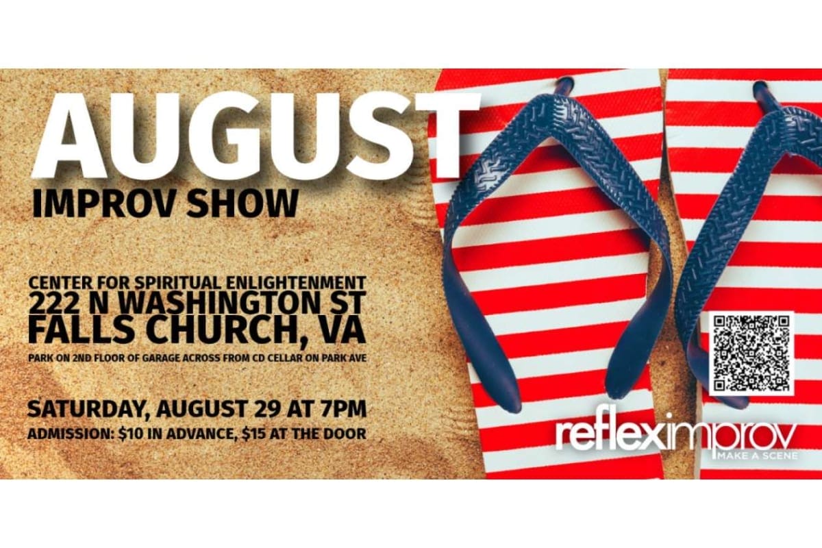 Promotional poster for an August improv show with venue and date details (Falls Church, VA).