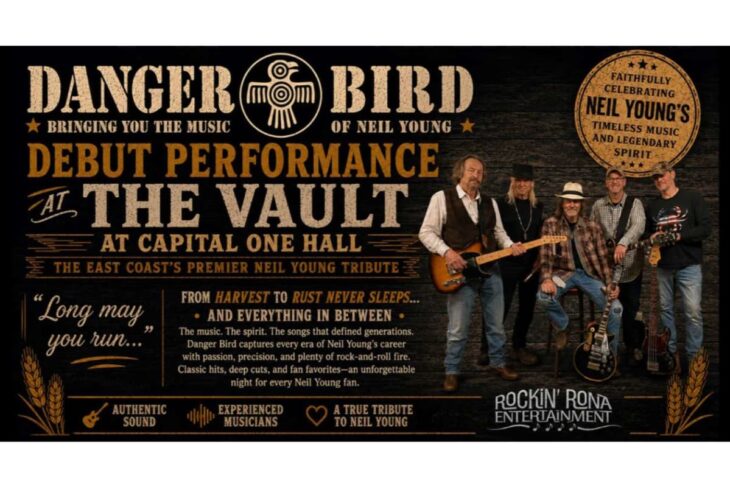 Promotional poster for Danger Bird, a Neil Young tribute band, announcing their debut at The Vault at Capital One Hall with five musicians and guitars.
