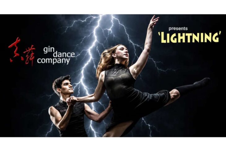 Duo of dancers leaping dramatically against a lightning-filled sky, with 'gin dance company' and 'presents LIGHTNING' in the image.