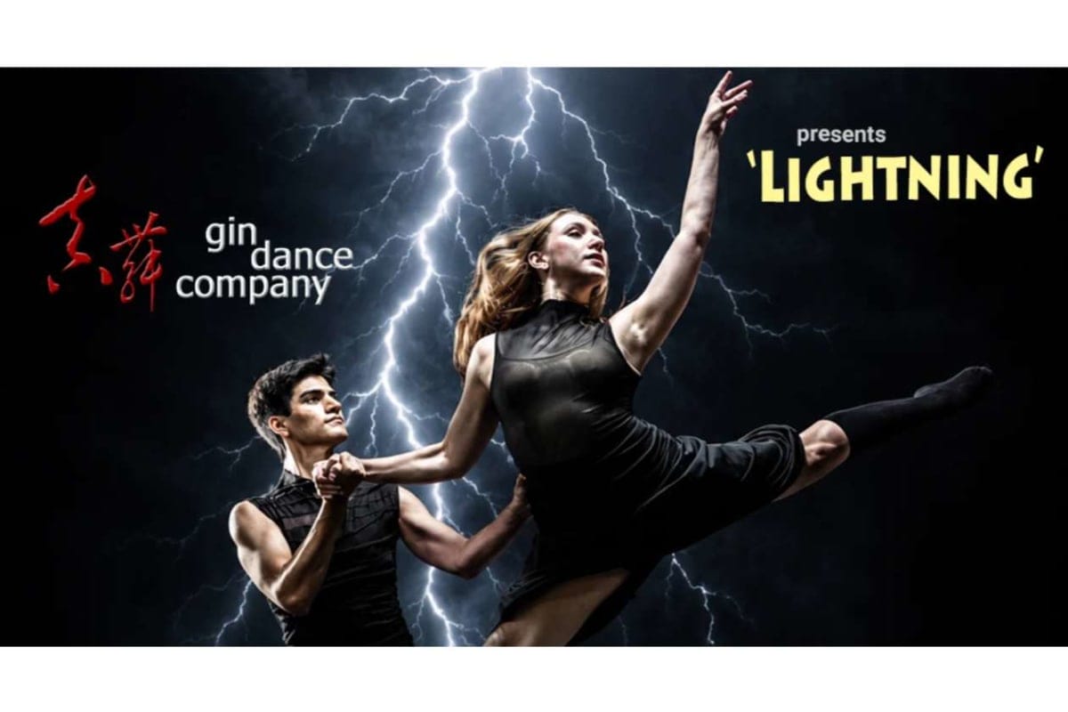 Duo of dancers leaping dramatically against a lightning-filled sky, with 'gin dance company' and 'presents LIGHTNING' in the image.