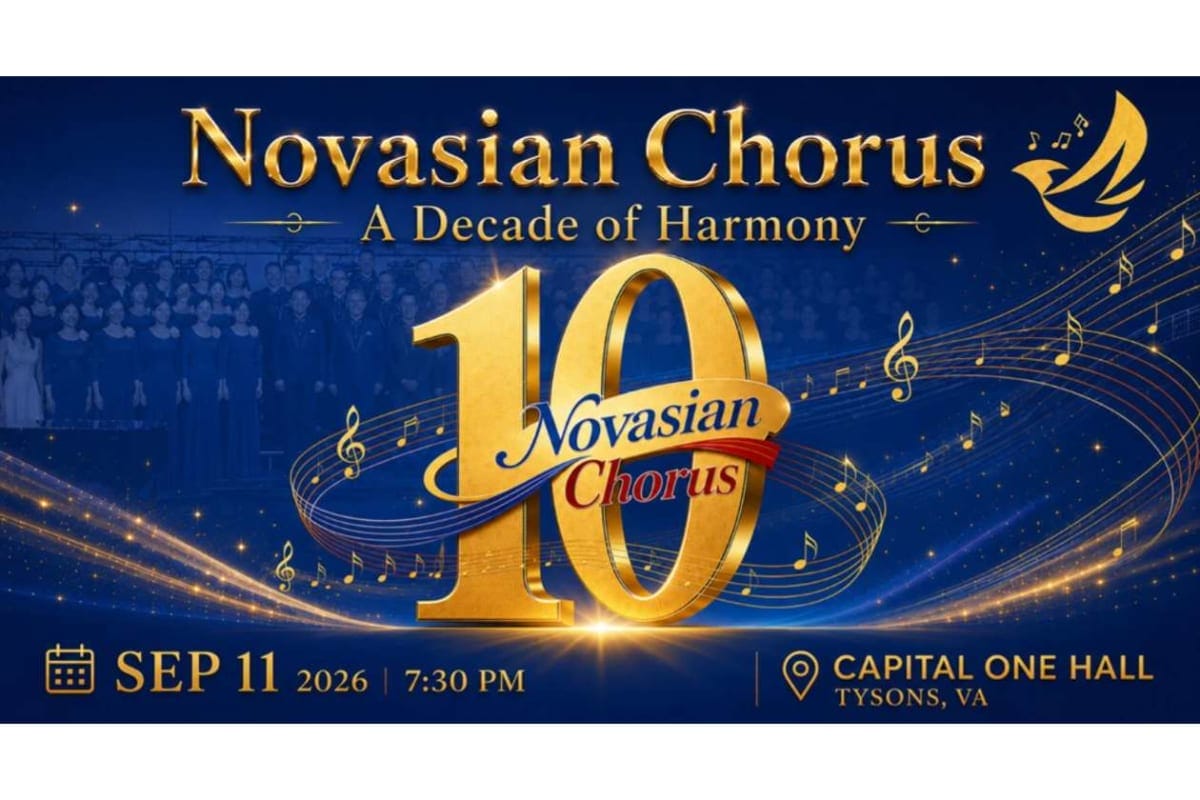 Promotional poster for Novasian Chorus 10th anniversary concert with gold numbers on a blue background, Sept 11, 2026, Capital One Hall (Tysons, VA).