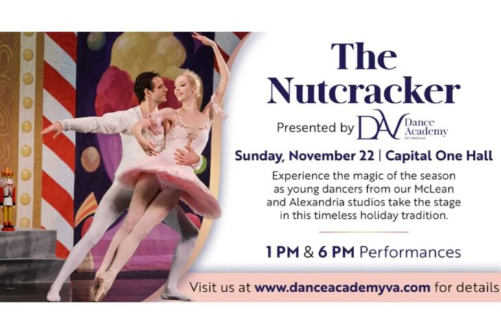 Poster for The Nutcracker: two ballet dancers mid‑dance on a colorful stage, with event details and website on the right side