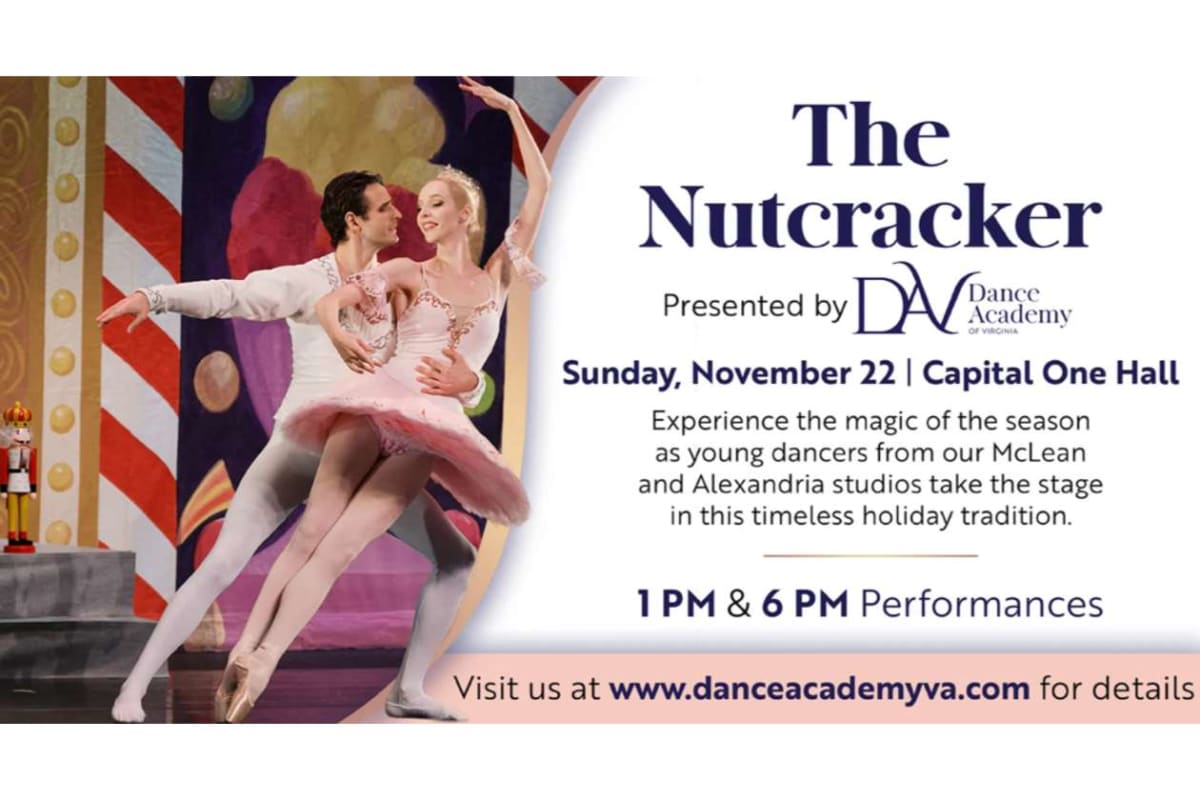Poster for The Nutcracker: two ballet dancers mid‑dance on a colorful stage, with event details and website on the right side