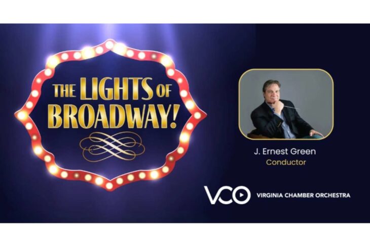 Promotional banner for 'The Lights of Broadway!' featuring a glowing marquee frame, decorative swirls, and a framed conductor portrait with 'Conductor' text and the VCO logo on a dark background.