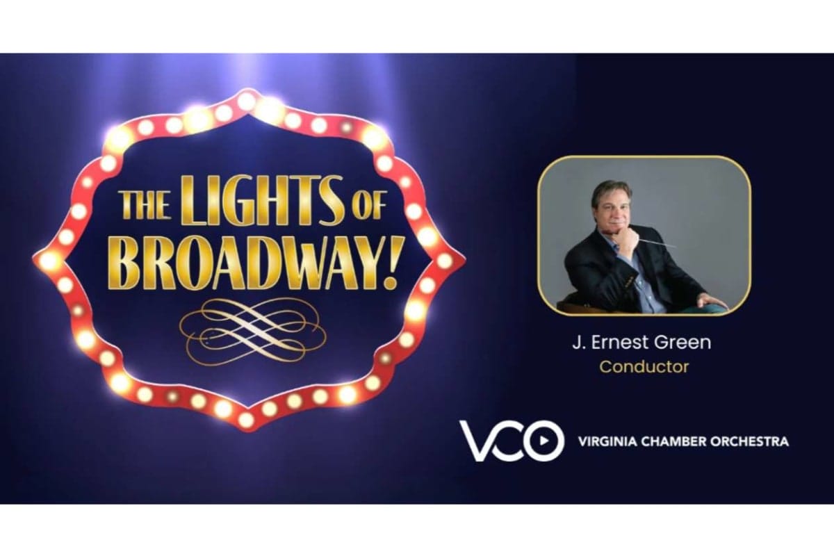 Promotional banner for 'The Lights of Broadway!' featuring a glowing marquee frame, decorative swirls, and a framed conductor portrait with 'Conductor' text and the VCO logo on a dark background.