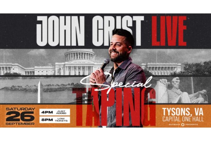 Promotional poster for John Crist Live, showing a comedian holding a microphone in front of a grayscale Capitol backdrop with an orange bottom banner listing date and venue in Tysons, Virginia.