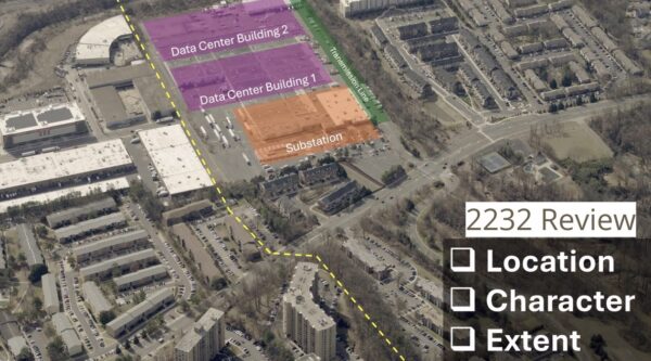 Aerial view of a campus with colored blocks labeling Data Center Buildings 1 and 2, a substation, and a transmission line (utility diagram).