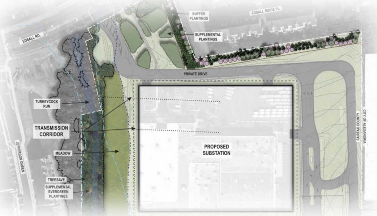 Substation Edsall Road | FFXnow Site plan of a proposed substation with surrounding drive, parking areas, and landscaped buffers.