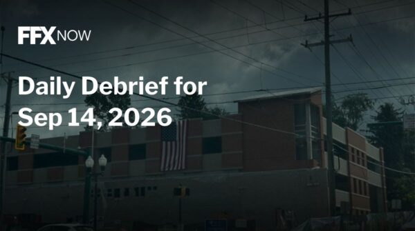FFX NOW banner: Daily Debrief for Sep 14, 2026 over a city street with an American flag on a brick building at dusk