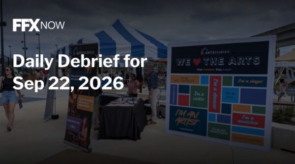 Outdoor arts fair scene with tents and people; overlay text reads 'Daily Debrief for Sep 22, 2026' near the left side.
