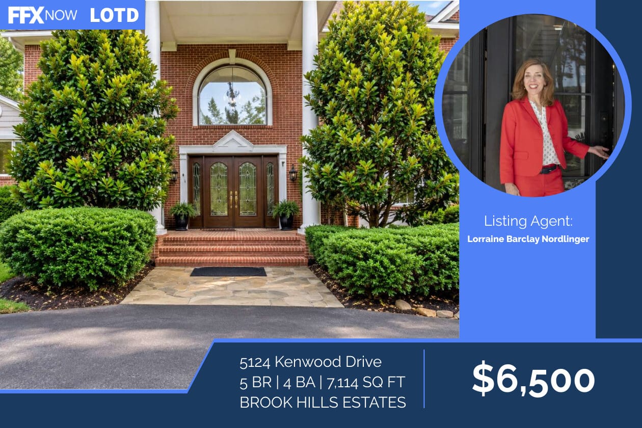 Exterior brick home with manicured greenery; blue marketing overlay and circular agent portrait labeled 'Listing Agent' with price $6,500 and address 5124 Kenwood Drive.