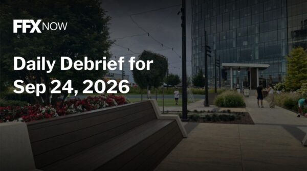 FFX Now hero: large white text over a plaza scene announcing 'Daily Debrief for Sep 24, 2026' with a bench and modern glass building in the background