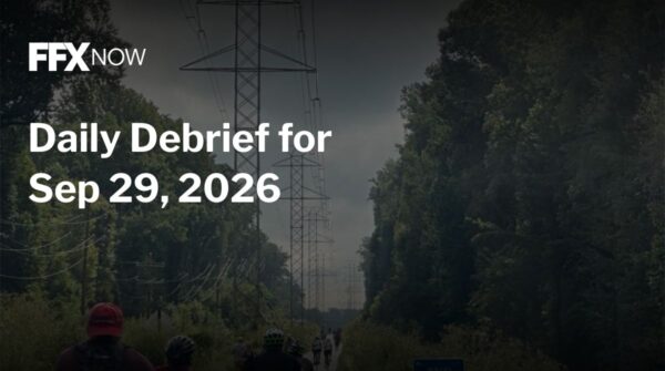 FFX Now logo with the headline 'Daily Debrief for Sep 29, 2026' over a forest road lined with power lines and cyclists in the distance.